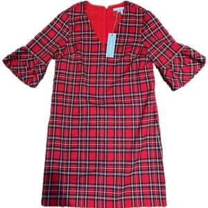 Draper James Lipstick Red Multi Angie Check Ruffle Sleeve Shift Lined Sz 0 Dress
